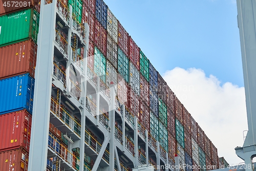 Image of ROTTERDAM, THE NETHERLANDS - SEPTEMBER 15, 2017: Containers stacked on a container ship at APM terminals. The port of Rotterdam is the busiest cargo port in Europe