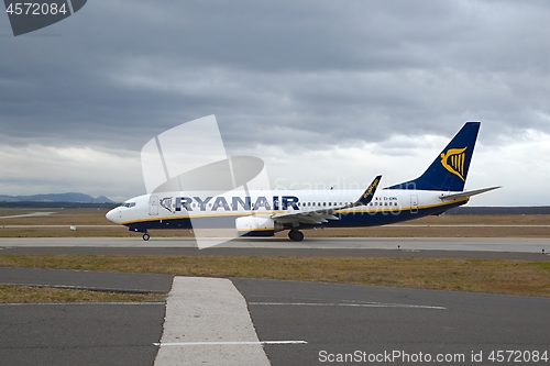 Image of BUDAPEST, HUNGARY - DECEMBER 1, 2016: Airliner of Ryanair taxiing at Budapest Liszt Ferenc Airport. Ryanair is the largest low-cost airline in Europe