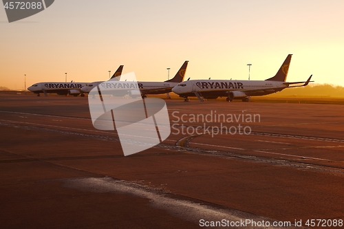 Image of CHARLEROI, BELGIUM - FEBRUARY 2: Airliners of Ryanair parked at Brussels - Charleroi airport, Feb 2th 2014. Ryanair is the largest low-cost carrier in Europe.