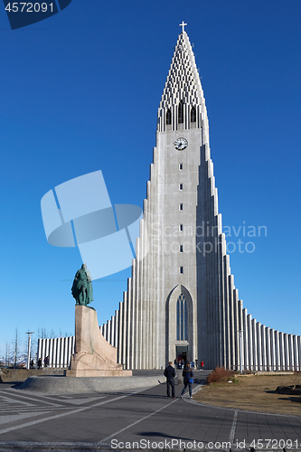 Image of REYKJAVIK, ICELAND - MAY 05, 2018: Cathedral Hallgrimskirkja in Reykjavik Iceland clear blue sky background
