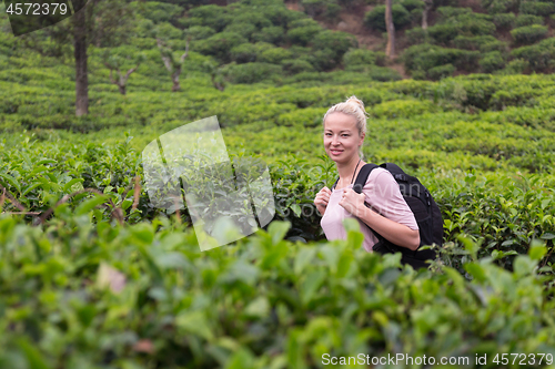 Image of Active caucasian blonde woman enjoing fresh air and pristine nature while tracking among tea plantaitons near Ella, Sri Lanka. Bacpecking outdoors tourist adventure