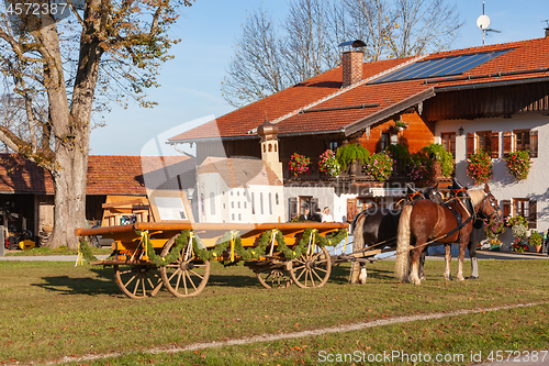 Image of Warngau, Germany, Bavaria 27.10.2019: Horse and cart at the Leonhardifahrt Warngau