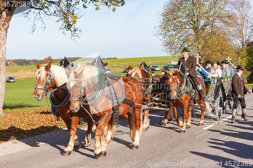 Image of Warngau, Germany, Bavaria 27.10.2019: Horse and cart at the Leonhardifahrt Warngau
