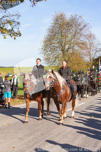 Image of Warngau, Germany, Bavaria 27.10.2019: Rider at the Leonhardifahrt Warngau