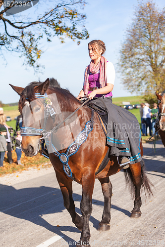 Image of Warngau, Germany, Bavaria 27.10.2019: Rider at the Leonhardifahrt Warngau