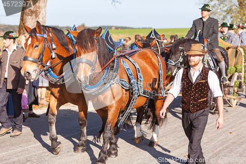 Image of Warngau, Germany, Bavaria 27.10.2019: Rider at the Leonhardifahrt Warngau