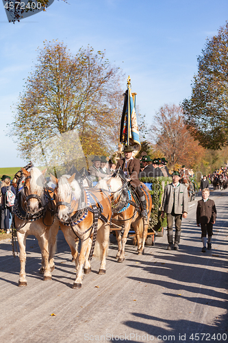 Image of Warngau, Germany, Bavaria 27.10.2019: Rider at the Leonhardifahrt Warngau