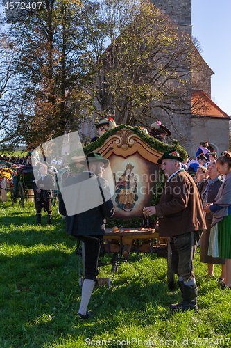 Image of Warngau, Germany, Bavaria 27.10.2019: Rear view of a car at the Leonhardifahrt Warngau