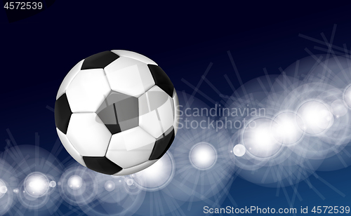 Image of Soccer ball flying over the evening sky in the light of spotlights and flashes of a football stadium. Vector illustration