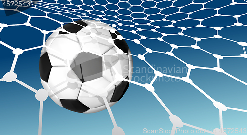 Image of Soccer ball flying into the net of a soccer goal net. Goal. Vector illustration on blue sky background