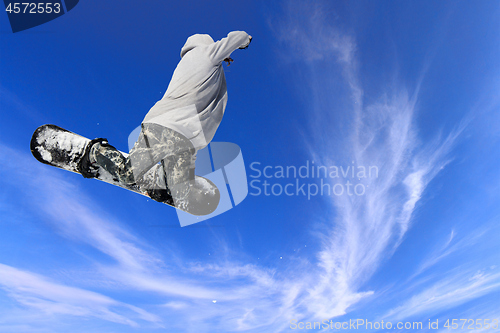 Image of Skier Snowboarder jumping through air with sky in background