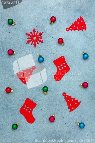 Image of Christmas composition with balls and toys.