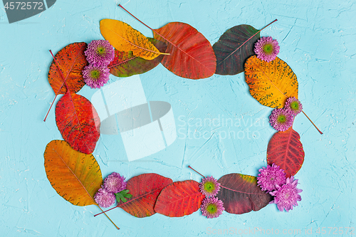 Image of Frame of autumn leaves and flowers.