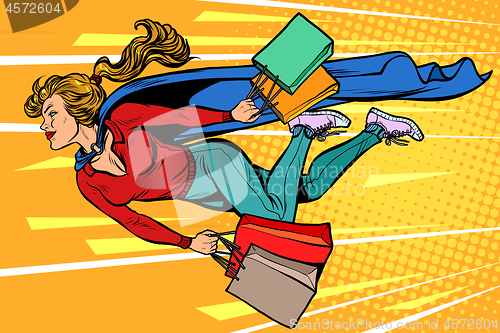 Image of superhero woman flying with shopping. sales and discounts in stores