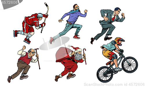 Image of set collection hockey man cyclist businessman runner hipster Santa Claus
