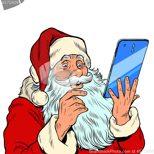 Image of Santa Claus and a big smartphone. Electronic Christmas sales and orders in online stores