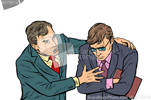 Image of Male businessman consoling colleague