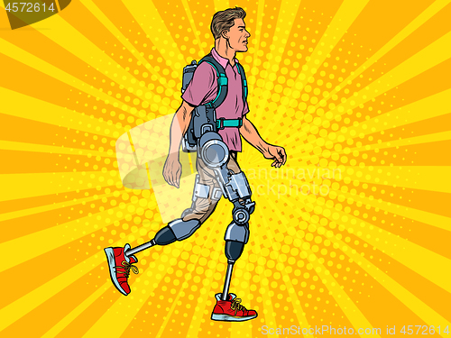 Image of exoskeleton for the disabled. A man legless veteran walks. rehabilitation treatment recovery. science and technology