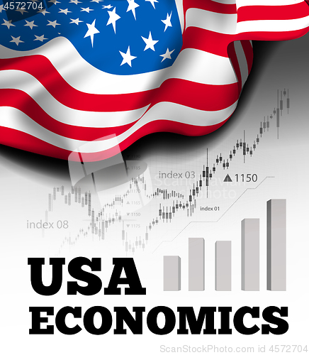 Image of American economics vector illustration with flag of the USA and business chart, bar chart stock numbers bull market, uptrend line graph symbolizes the growth