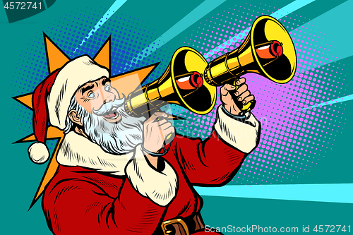 Image of Santa Claus with a megaphone. Christmas sale