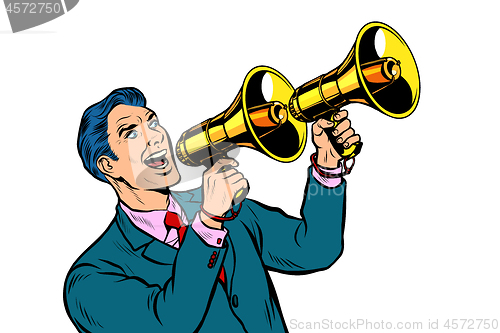 Image of businessman with a megaphone. announcement advertising