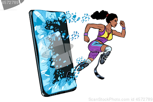 Image of african woman runner disabled leg with prosthesis Phone gadget smartphone. Online Internet application service program