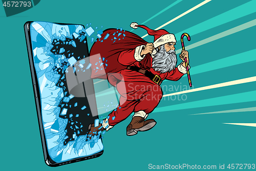 Image of Christmas online sales concept. Santa Claus comes out of the smartphone