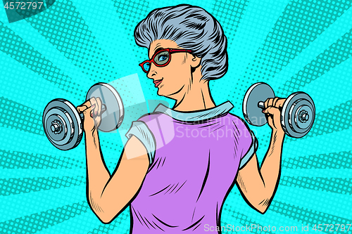 Image of fitness dumbbells sport activity Woman grandmother pensioner elderly lady