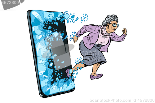 Image of female retired lady and new technology concept. grandmother punches the screen of the smartphone and goes online