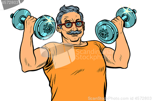 Image of elderly man lifts dumbbells, fitness sport