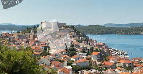 Image of Historic city centre of Sibenik, Croatia with St. Michael\'s Fortress. Adriatic Sea in the background