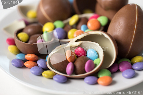 Image of close up of chocolate eggs and candies on plate