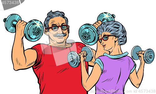 Image of Grandparents do sports, fitness dumbbells