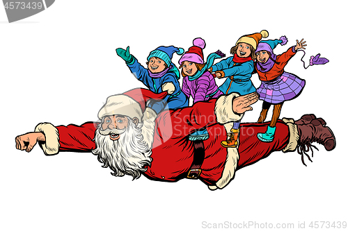 Image of superhero Santa Claus with children. Christmas and New year