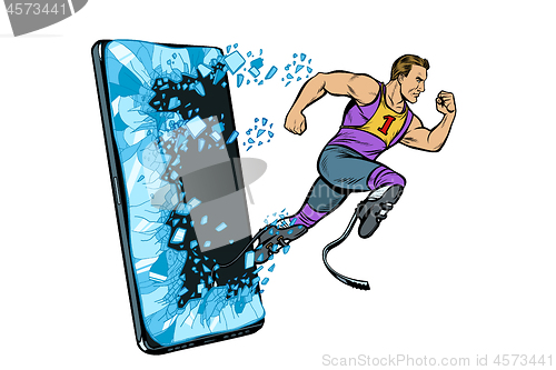 Image of legless male athlete running with a prosthetic Phone gadget smartphone. Online Internet application service program