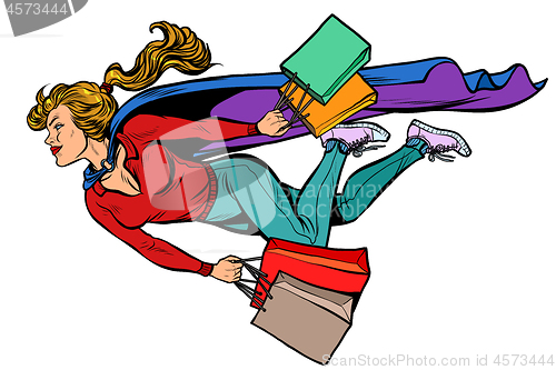 Image of superhero woman flying with shopping. sales and discounts in stores