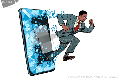 Image of african businessman punches the screen Phone gadget smartphone. Online Internet application service program