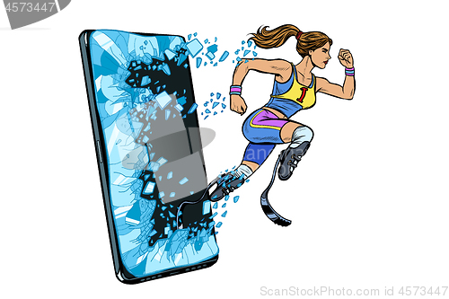 Image of woman runner disabled leg with prosthesis Phone gadget smartphone. Online Internet application service program