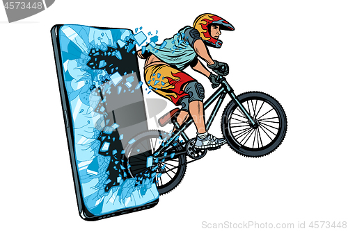 Image of sports online news concept. athlete cyclist in a helmet on a mountain bike