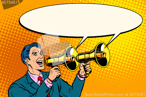 Image of businessman with a megaphone. announcement advertising