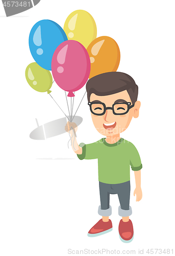 Image of Caucasian boy with the bunch of colorful balloons.