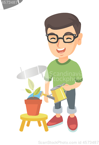 Image of Caucasian boy watering plant with a watering can.