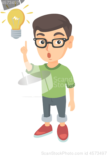 Image of Caucasian little boy pointing at the lightbulb.