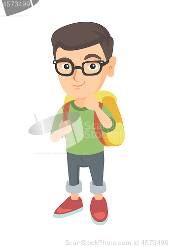 Image of Caucasian little boy with school bag thinking.