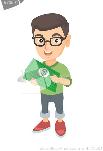 Image of Caucasian boy in glasses holding money in hands.