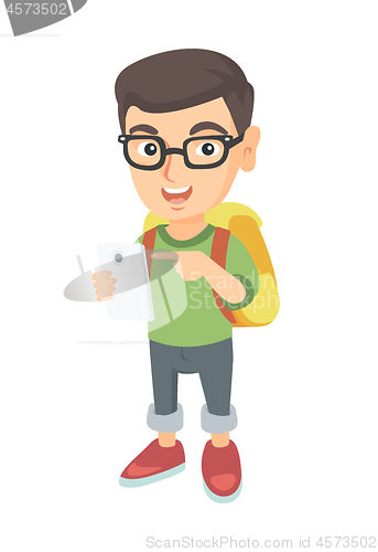 Image of Caucasian boy with backpack pointing at cellphone.