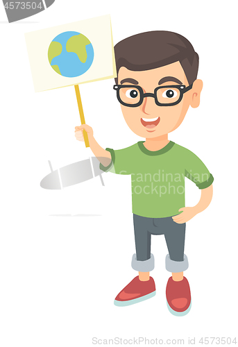 Image of Caucasian boy holding a placard with planet.