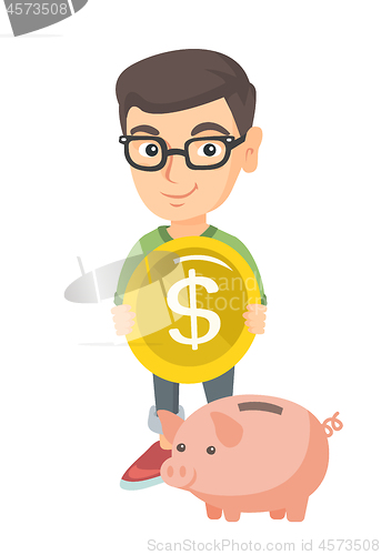 Image of Caucasian boy putting a coin into a piggy bank.