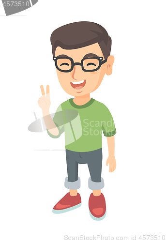 Image of Caucasian little boy showing victory gesture.