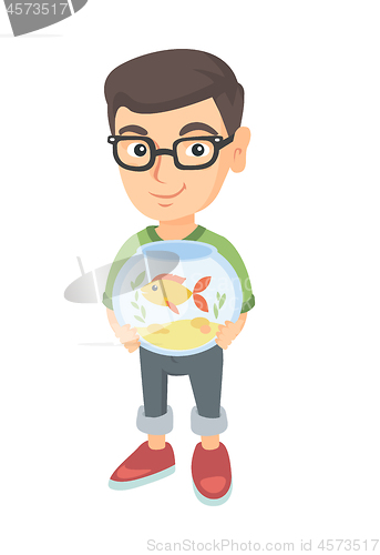 Image of Caucasian boy holding aquarium with goldfish.